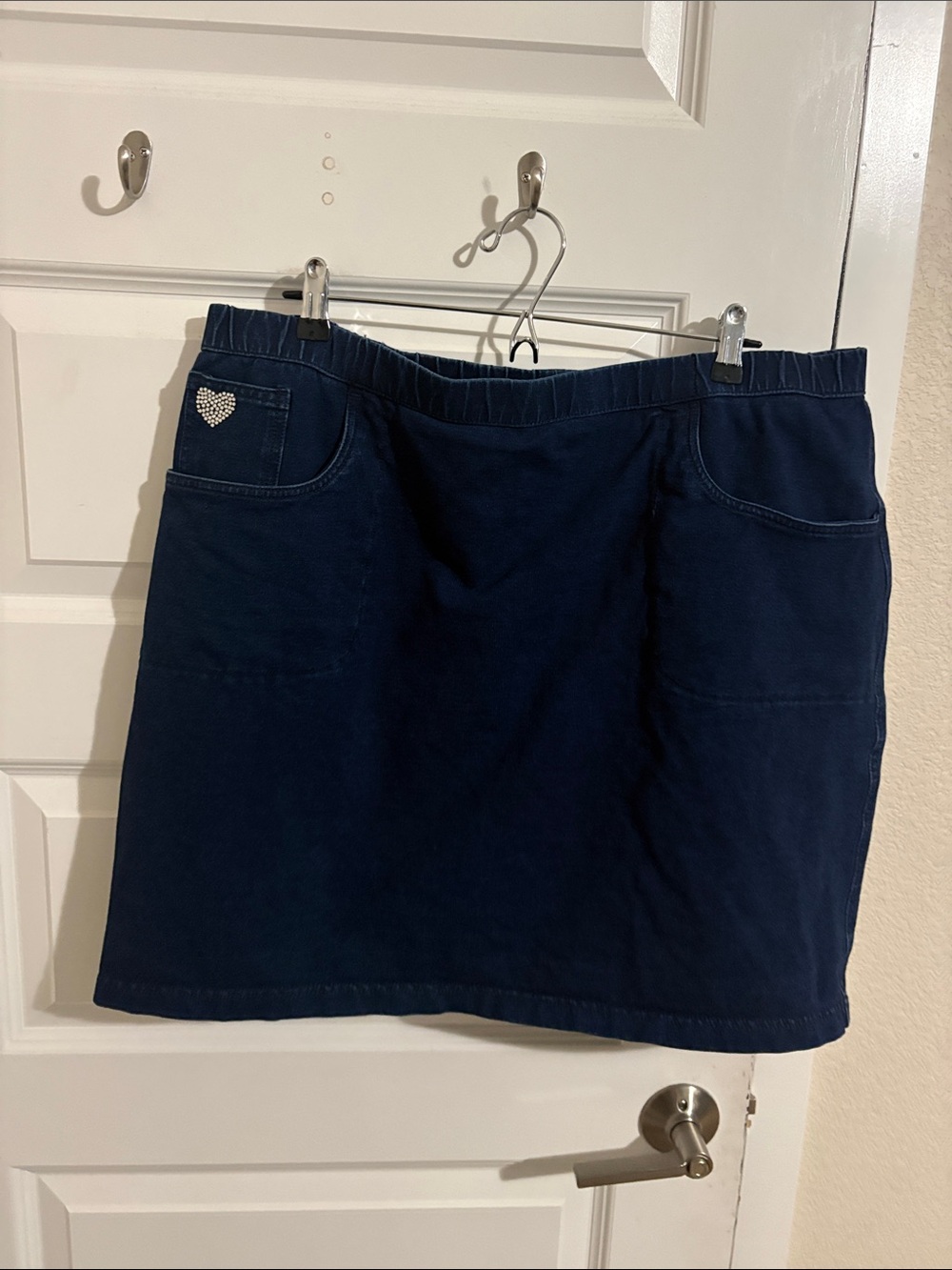 Navy Denim Women's Pocket Skort with Heart Rhinestone Detail